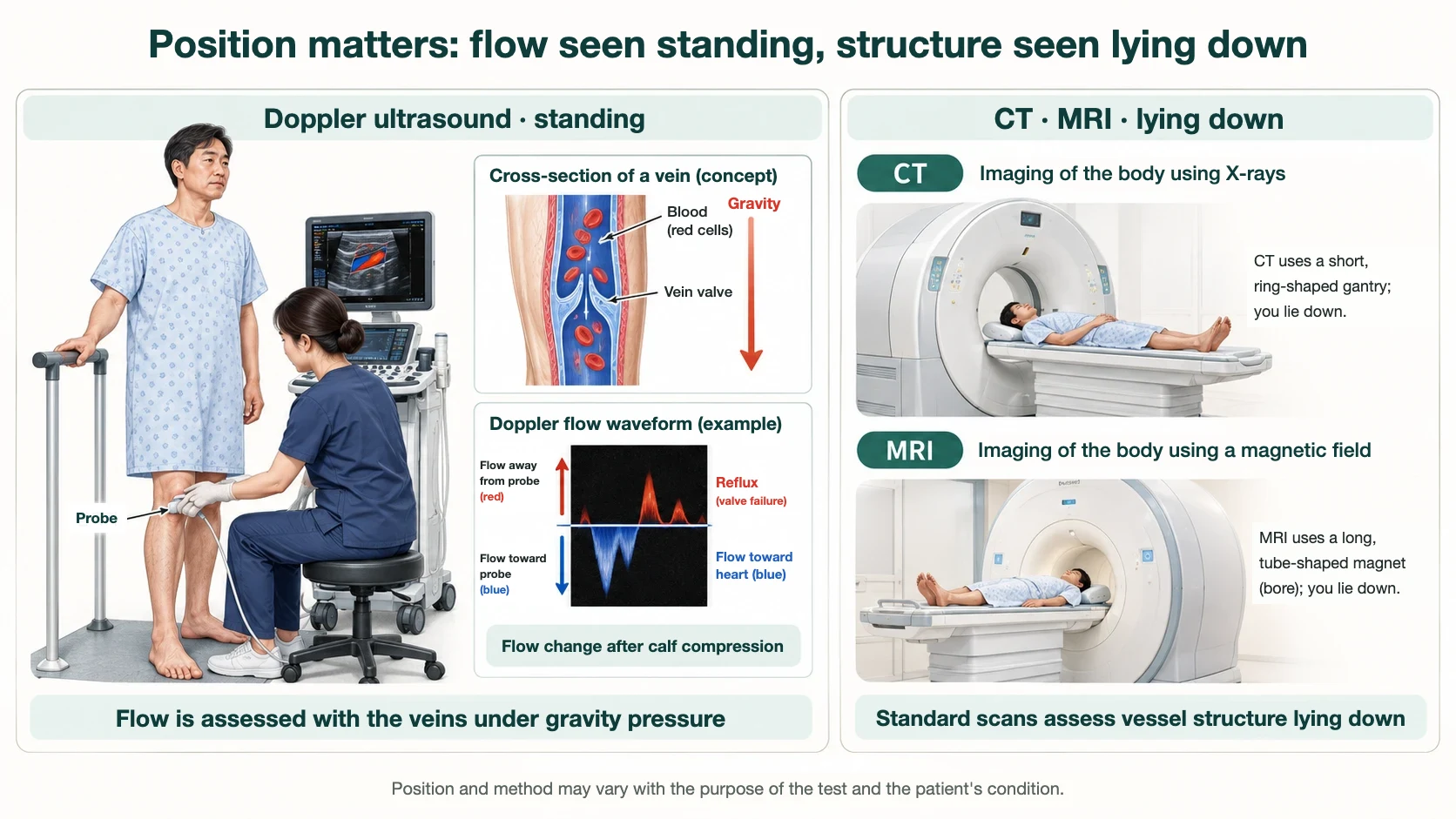 Examination positions compared: Doppler ultrasound assesses flow standing, with the veins under gravity pressure, while CT and MRI generally assess vessel structure lying down