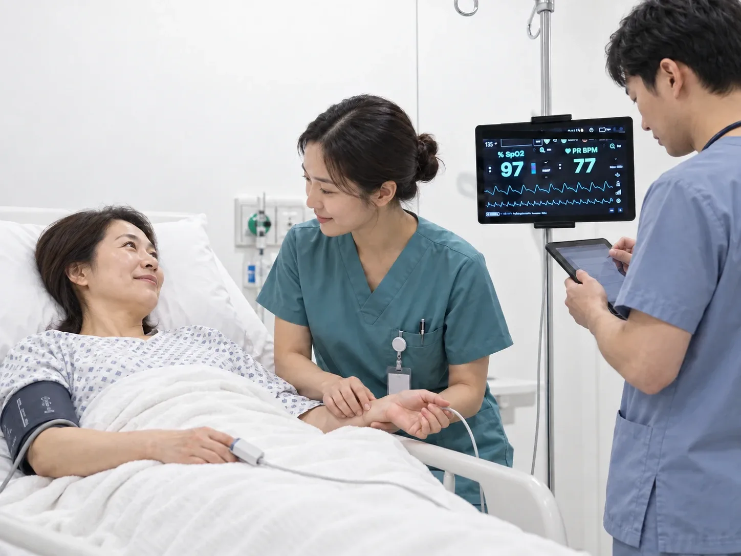 회복 중인 환자의 상태를 살피는 의료진과 산소포화도·맥박 모니터