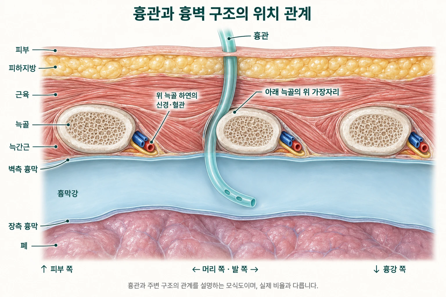 흉관과 흉벽 구조의 위치 관계 모식도. 흉관이 피부, 피하지방, 근육을 지나 아래 늑골의 위 가장자리를 타고 늑골 사이로 들어가 벽측 흉막을 지나 흉막강에 닿습니다. 위 늑골 아래 가장자리에는 신경과 혈관이 있습니다.