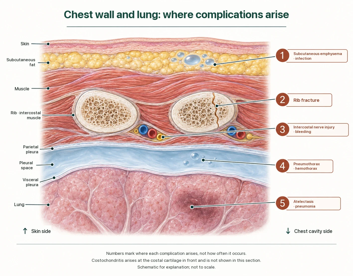 Cross-section of the chest wall and lung showing where complications arise: 1 subcutaneous emphysema and infection in the subcutaneous fat, 2 rib fracture in the rib, 3 intercostal nerve injury and bleeding at the nerve and vessels under the rib, 4 pneumothorax and hemothorax in the pleural space, 5 atelectasis and pneumonia in the lung.