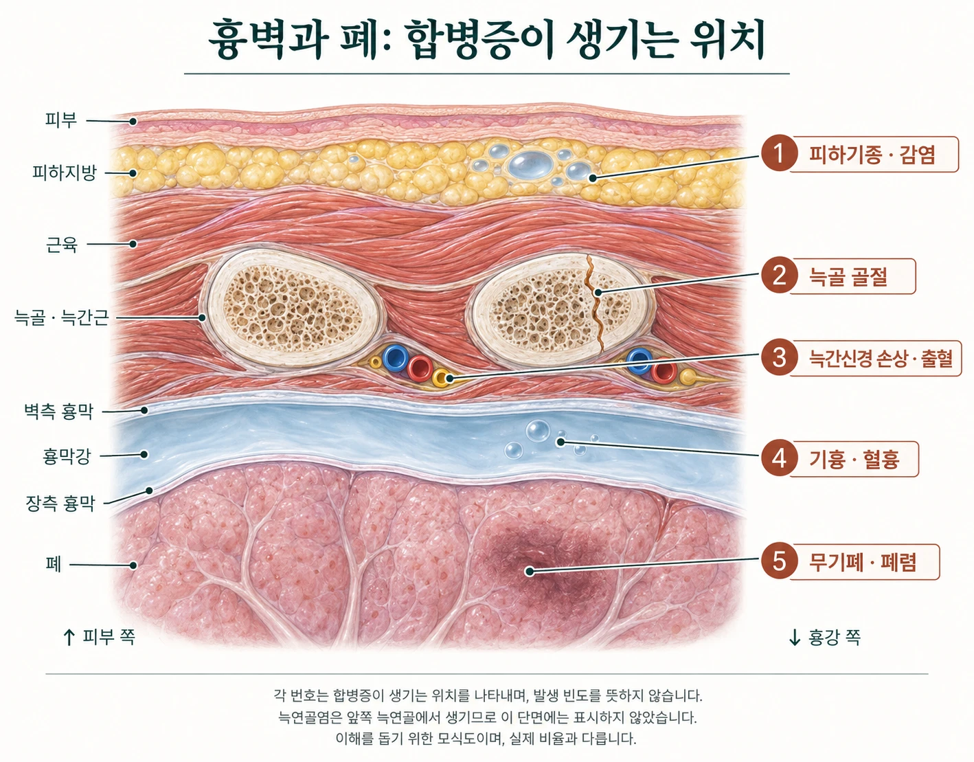 흉벽과 폐에서 합병증이 생기는 위치를 보여 주는 단면 모식도. 1번 피하기종·감염은 피하지방층, 2번 늑골 골절은 늑골, 3번 늑간신경 손상·출혈은 늑골 아래 가장자리의 신경·혈관, 4번 기흉·혈흉은 흉막강, 5번 무기폐·폐렴은 폐에 표시되어 있습니다.