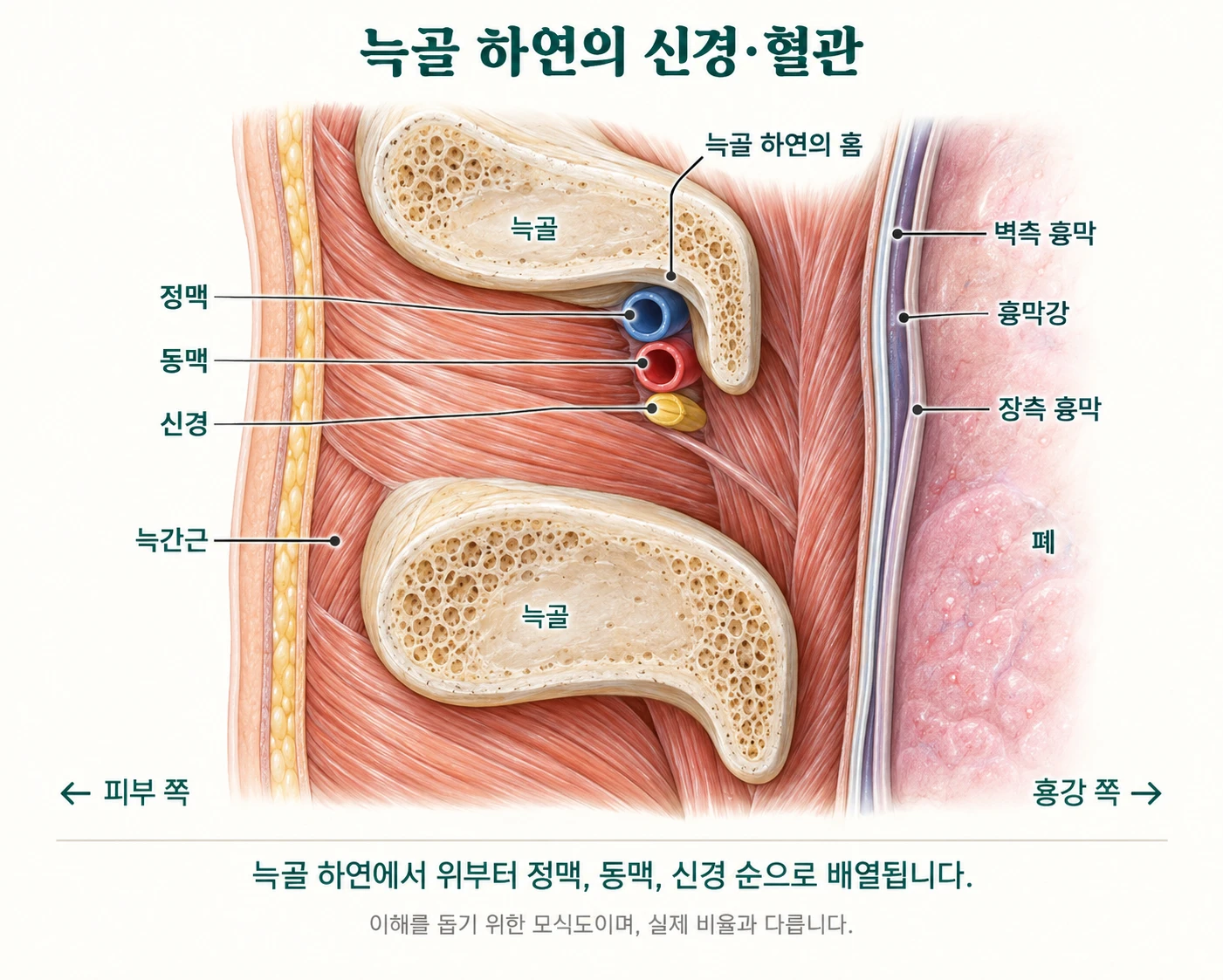 늑골 하연의 신경·혈관 모식도. 위아래 두 늑골의 단면에서, 위쪽 늑골 아래 가장자리의 홈을 따라 위에서부터 정맥, 동맥, 신경이 지나갑니다. 피부 쪽에 늑간근, 흉강 쪽에 벽측 흉막, 흉막강, 장측 흉막, 폐가 있습니다.