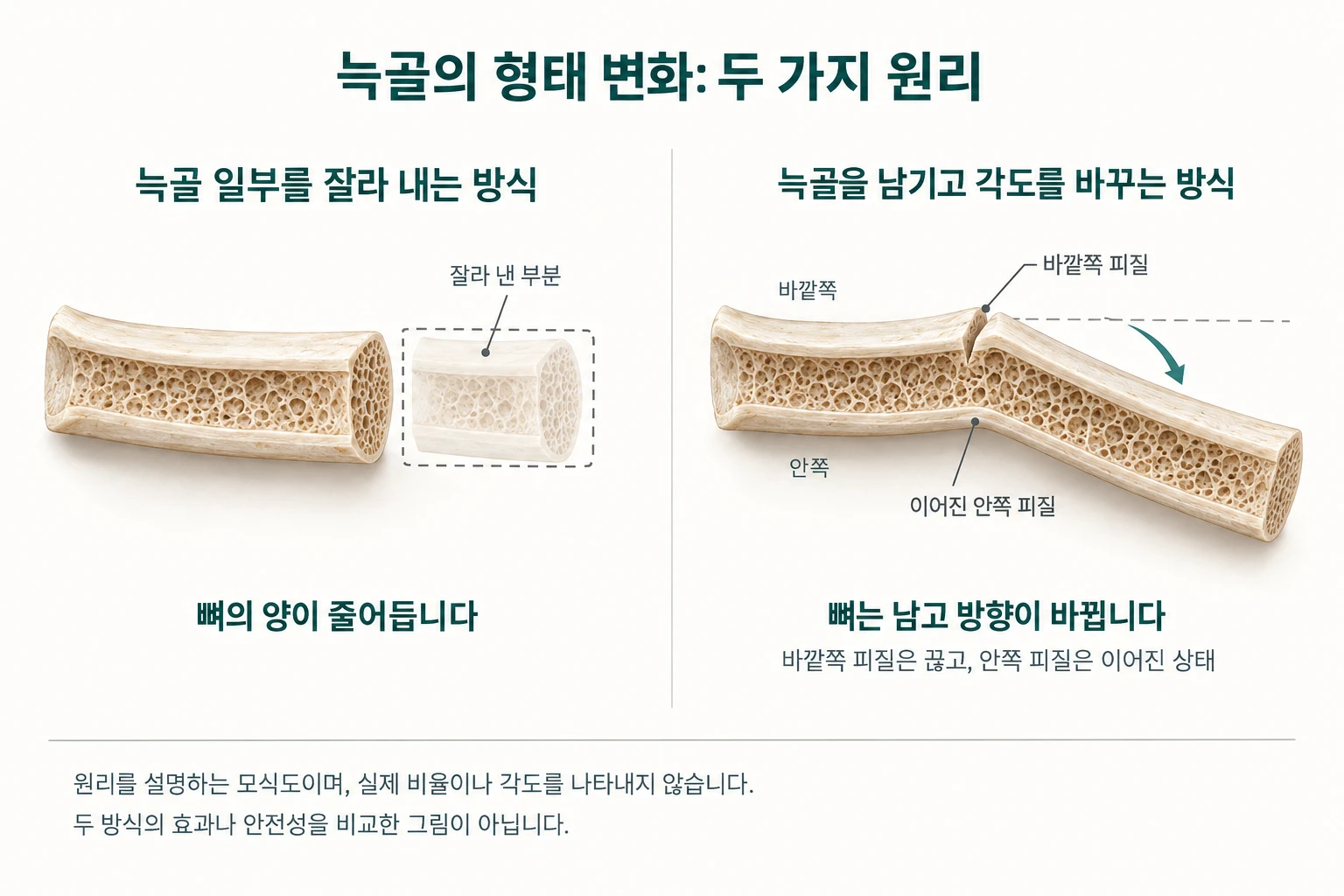 늑골의 형태 변화, 두 가지 원리. 왼쪽은 늑골 일부를 잘라 내는 방식으로 뼈의 양이 줄어듭니다. 오른쪽은 늑골을 남기고 각도를 바꾸는 방식으로, 바깥쪽 피질은 끊고 안쪽 피질은 이어진 상태에서 뼈는 남고 방향이 바뀝니다.